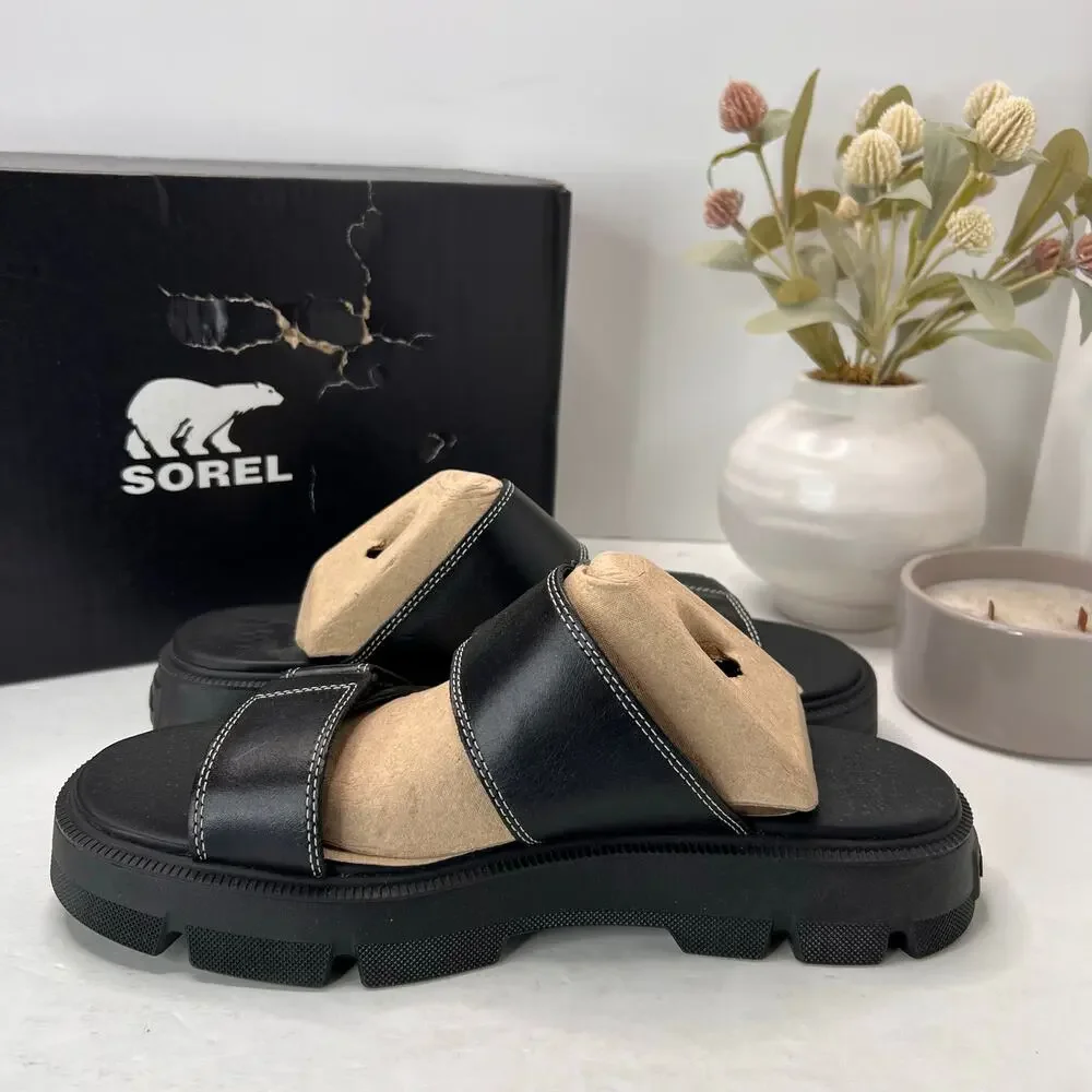 Sorel Rein CB Slide Leather Platform Sandal Black Women's 11 Tried On - Picture 6 of 11